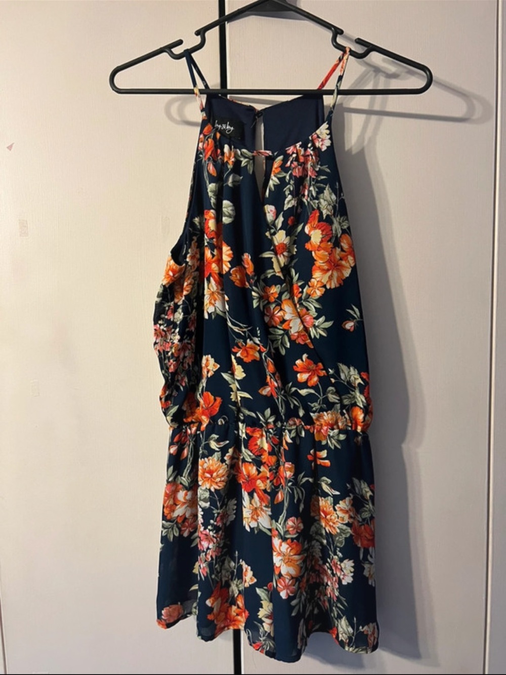 Floral Navy Halter Romper with Orange Blooms
